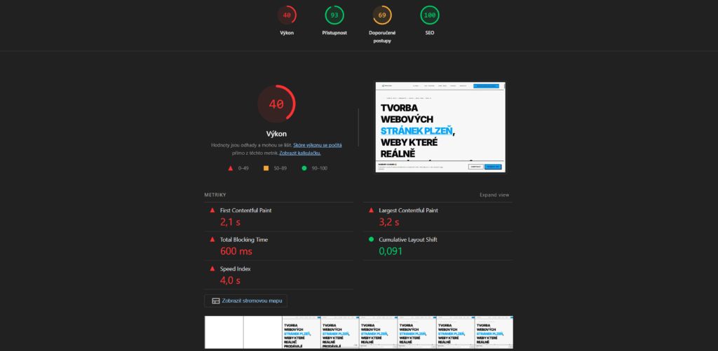 Google PageSpeed Insights výsledek se špatným skóre 40 — příklad pomalého webu